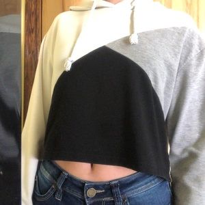 Cropped white, black, and grey hoodie